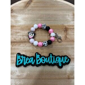 Pink Cow Snowman Silicone Beaded Bracelet Wristlet Keychain‎